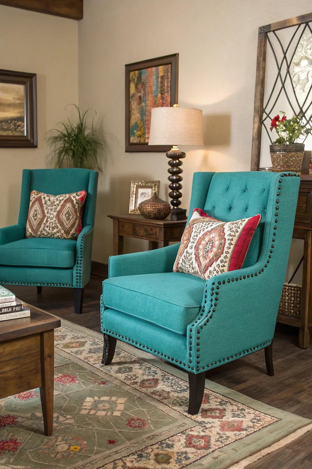 Turquoise chairs provide a vibrant yet subtle burst of color.