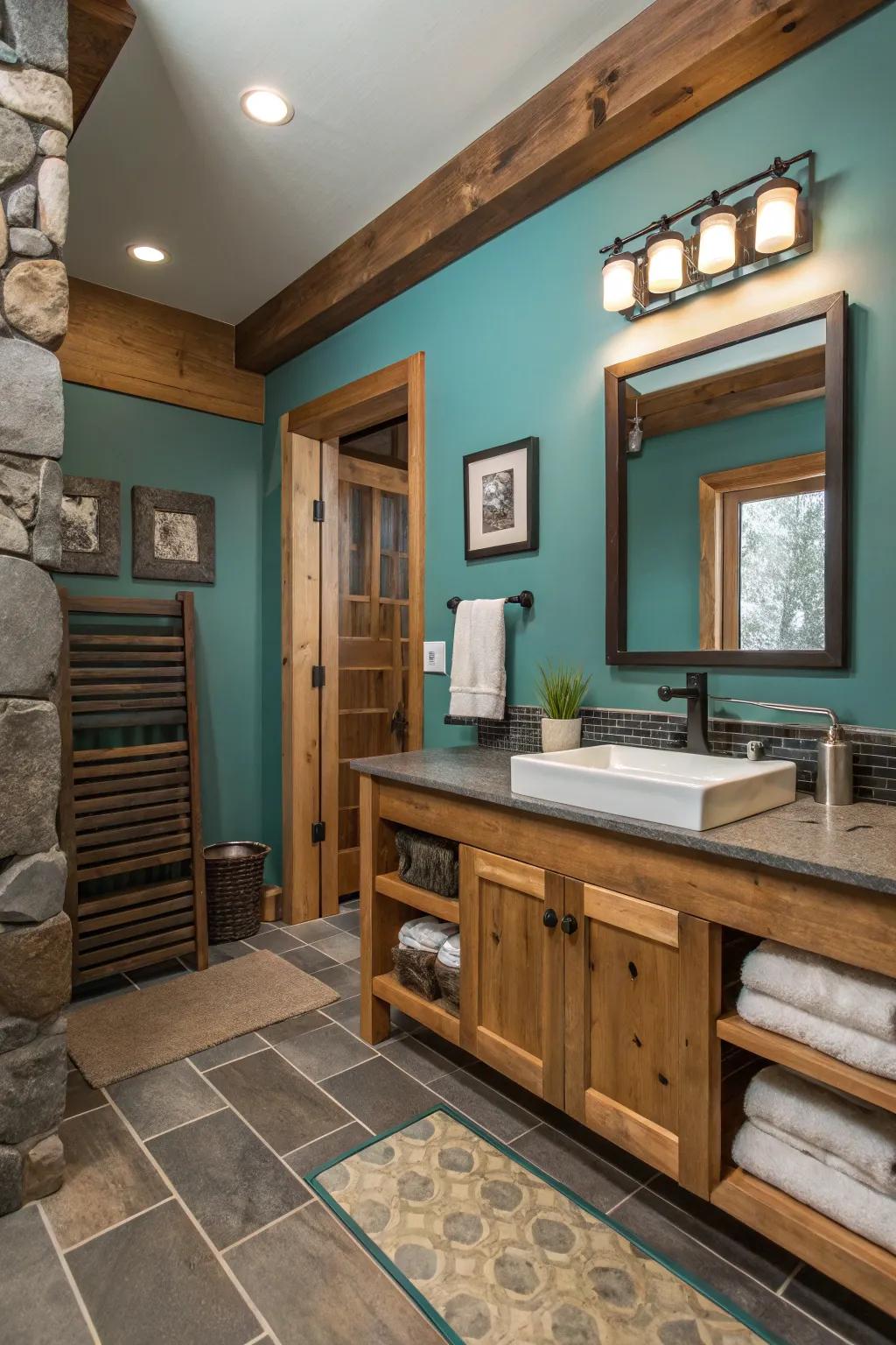 Spa-like bathroom ambiance featuring teal and natural materials.