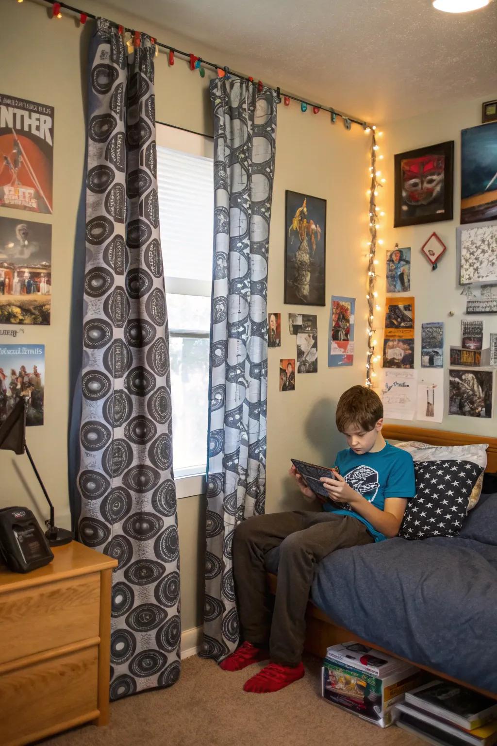 Custom-patterned curtains echo individual style and interests.