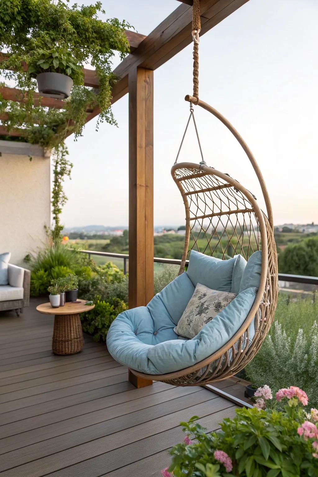 Hanging seats offer a distinctive spot for relaxation on patios.