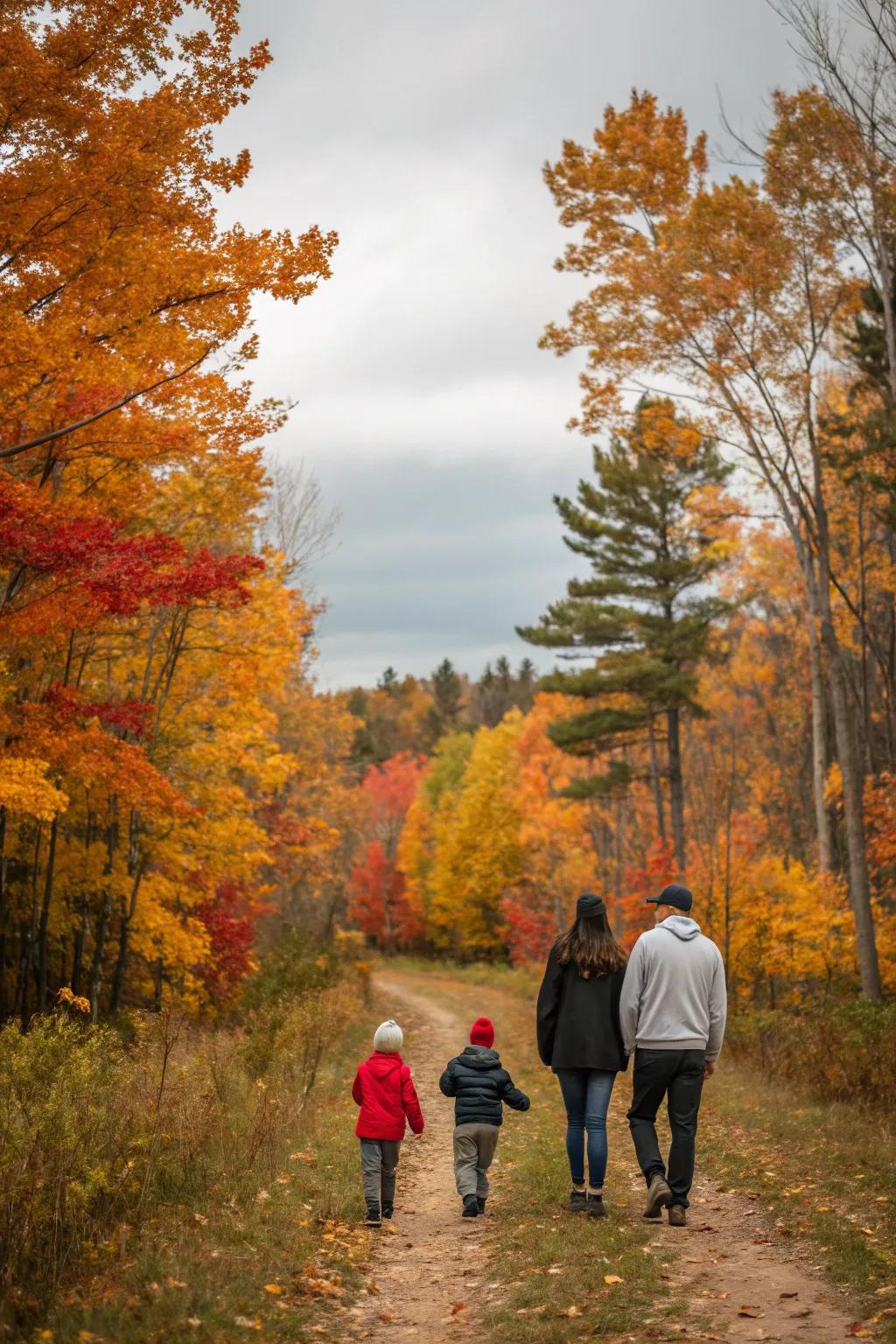 A family relishing a serene nature saunter amidst autumnal magnificence.