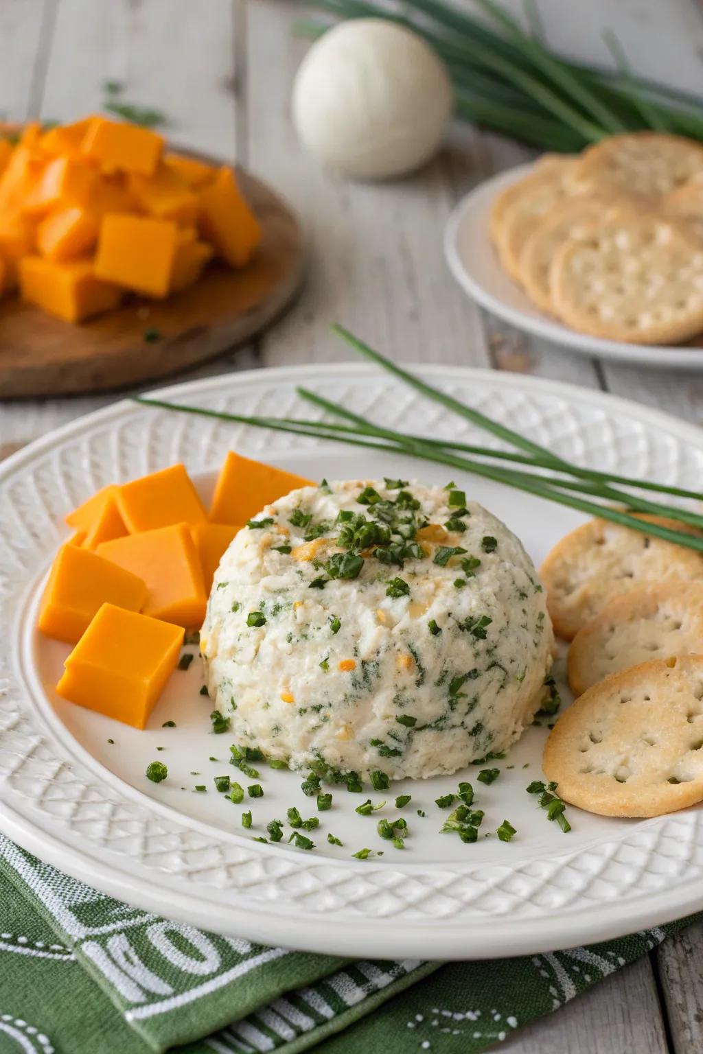 Cheddar and green onion cheese ball offering classic flavors.