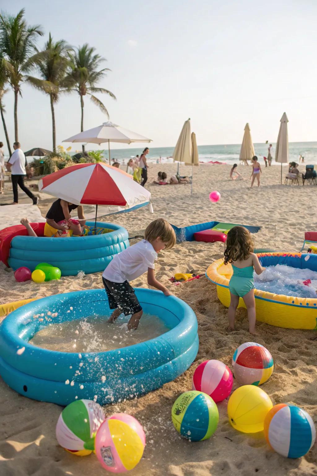 Beach-themed arrangement with playful sand and water activities.