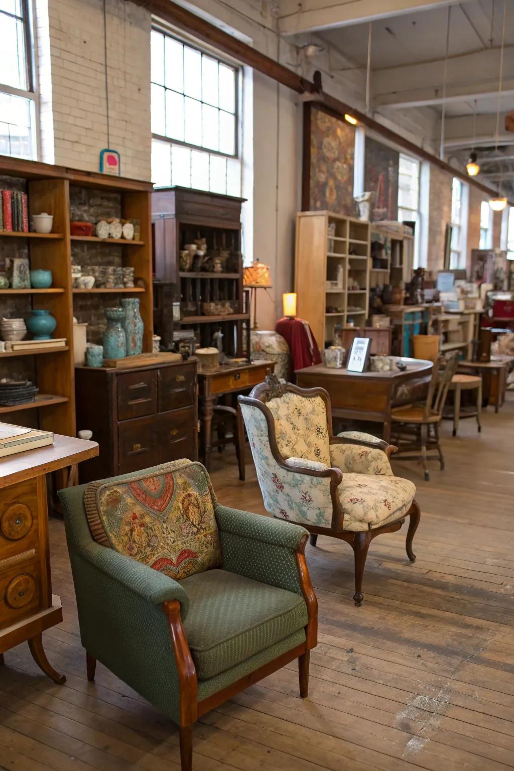 Reclaimed furniture appending individuality to an exhibit.