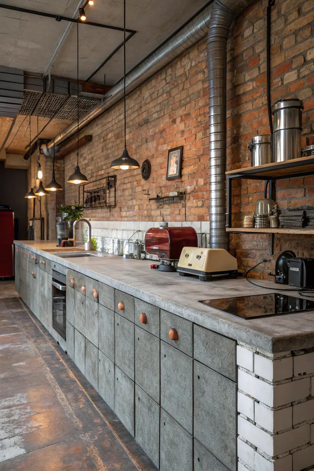 Concrete squares contribute industrial chic to this urban cooking area.