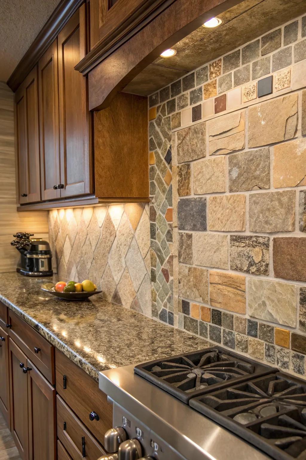 A blend of natural stone paving slabs incorporates warmth and texture to this cooking area.