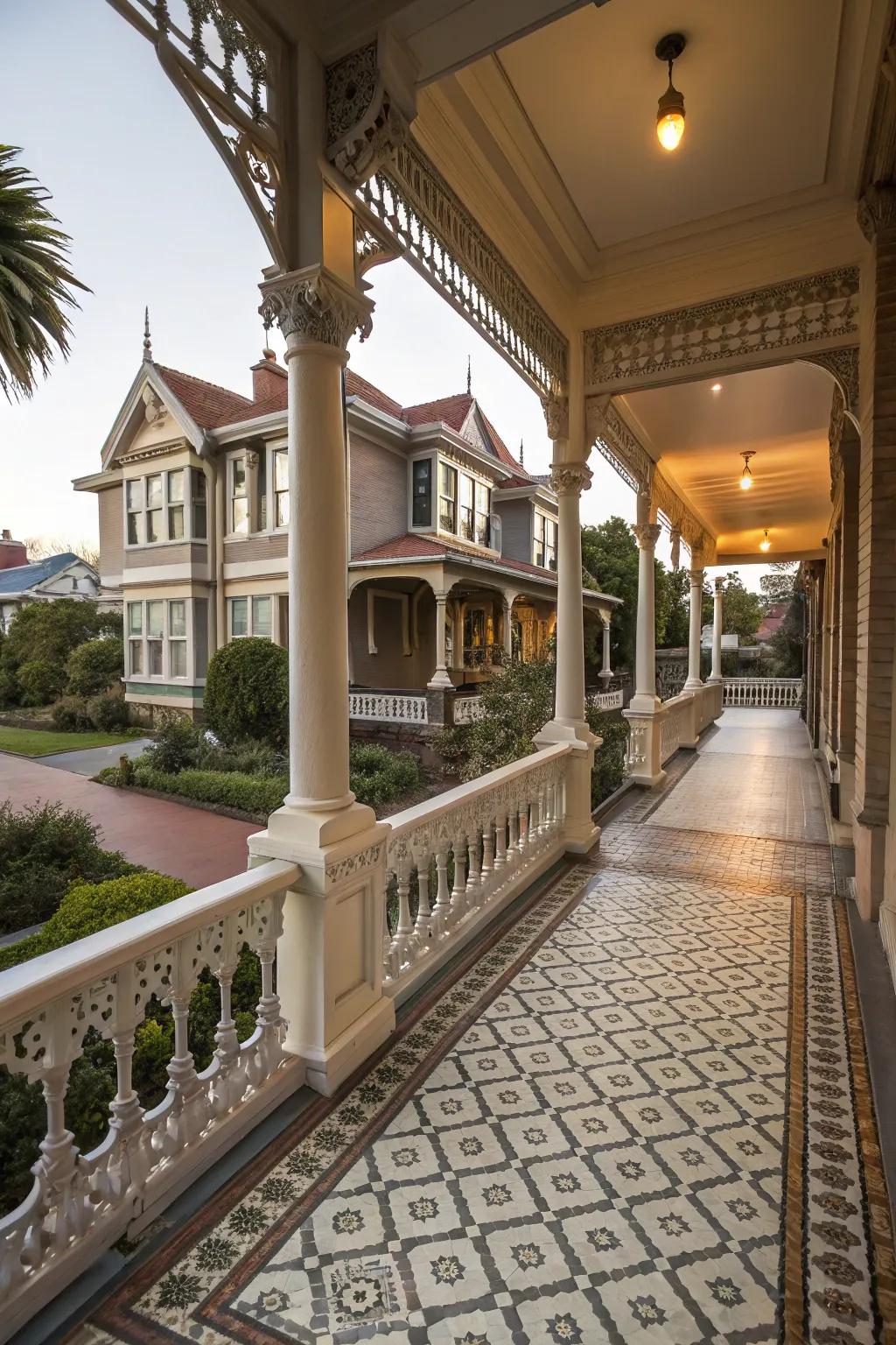 Victorian style tiles contribute timeless refinement to this grand porch.
