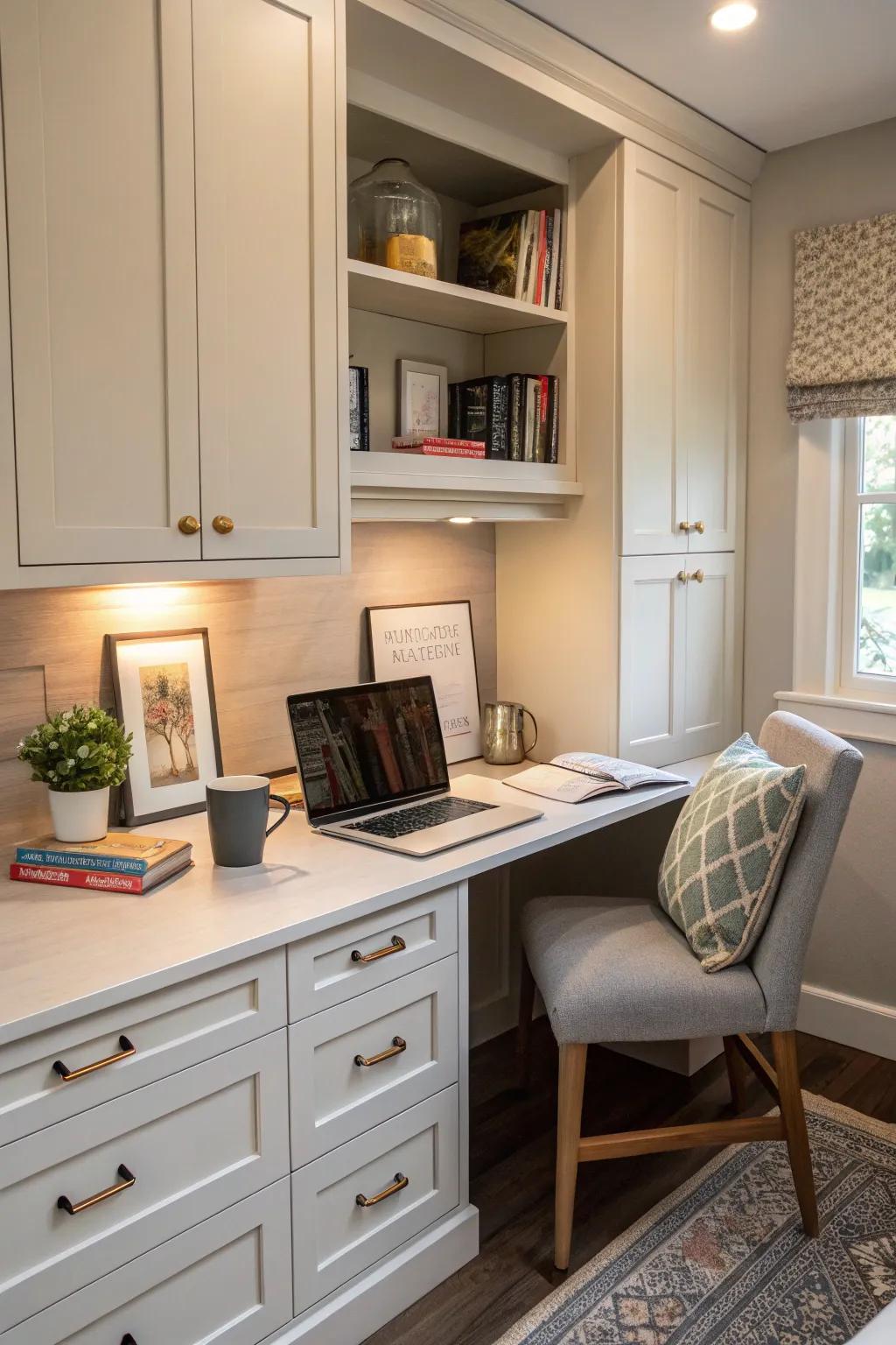 A built-in desk integrates seamlessly into cabinetry for a streamlined appearance.