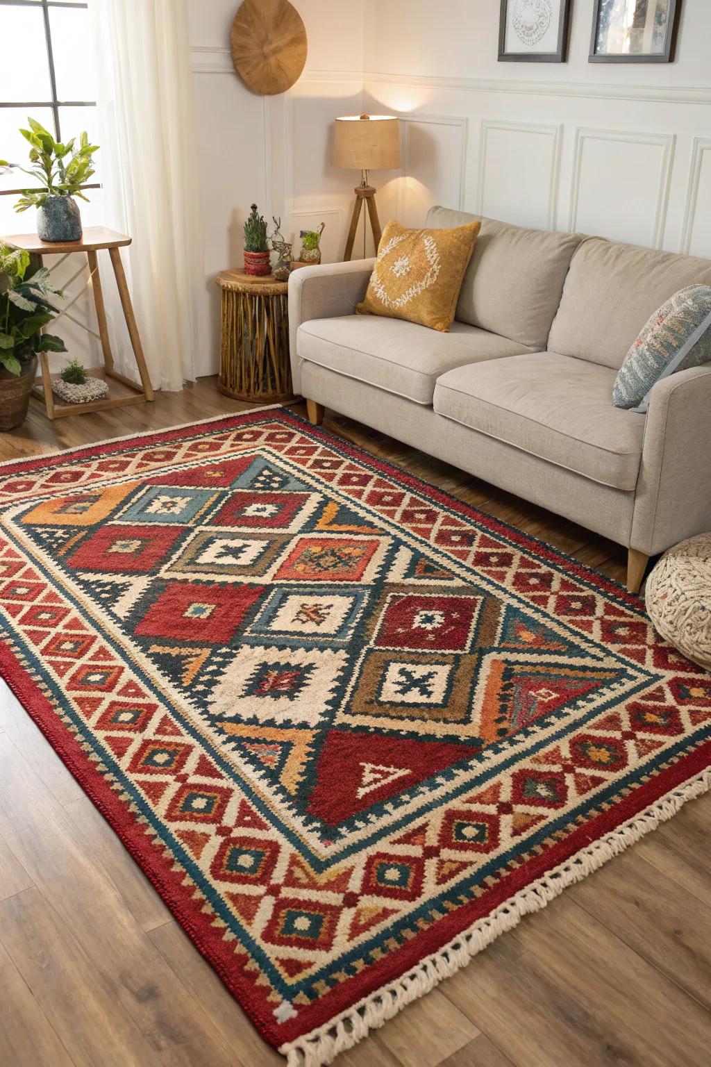 Sizeable rugs anchor the space and enhance its spacious feel.