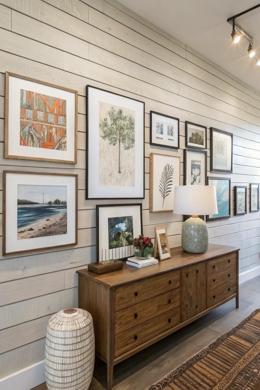 Shiplap walls make the perfect backdrop for art displays.
