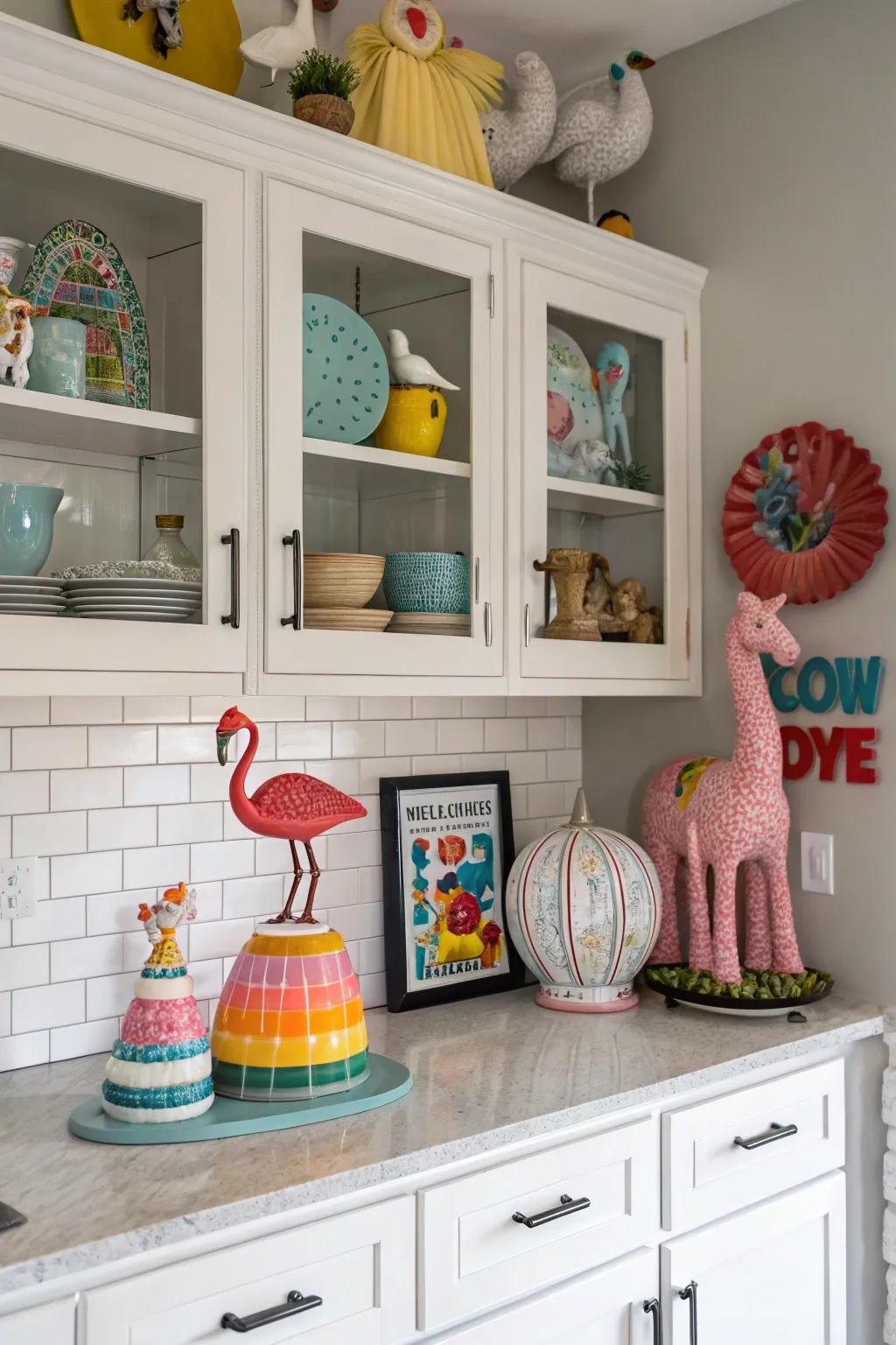Add a playful touch with whimsical decor atop your cabinets.