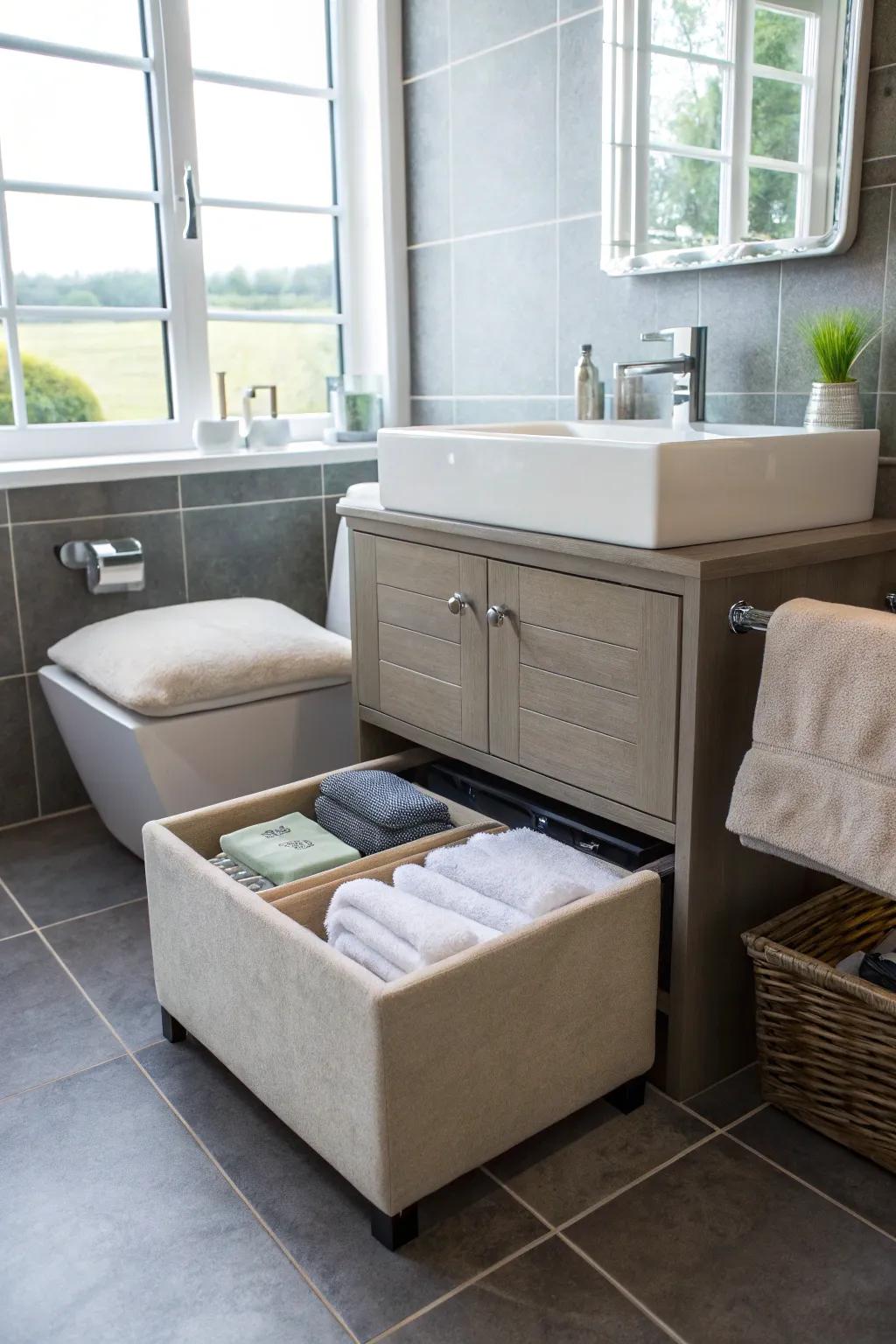 Ottomans offer stylish, hidden towel storage.