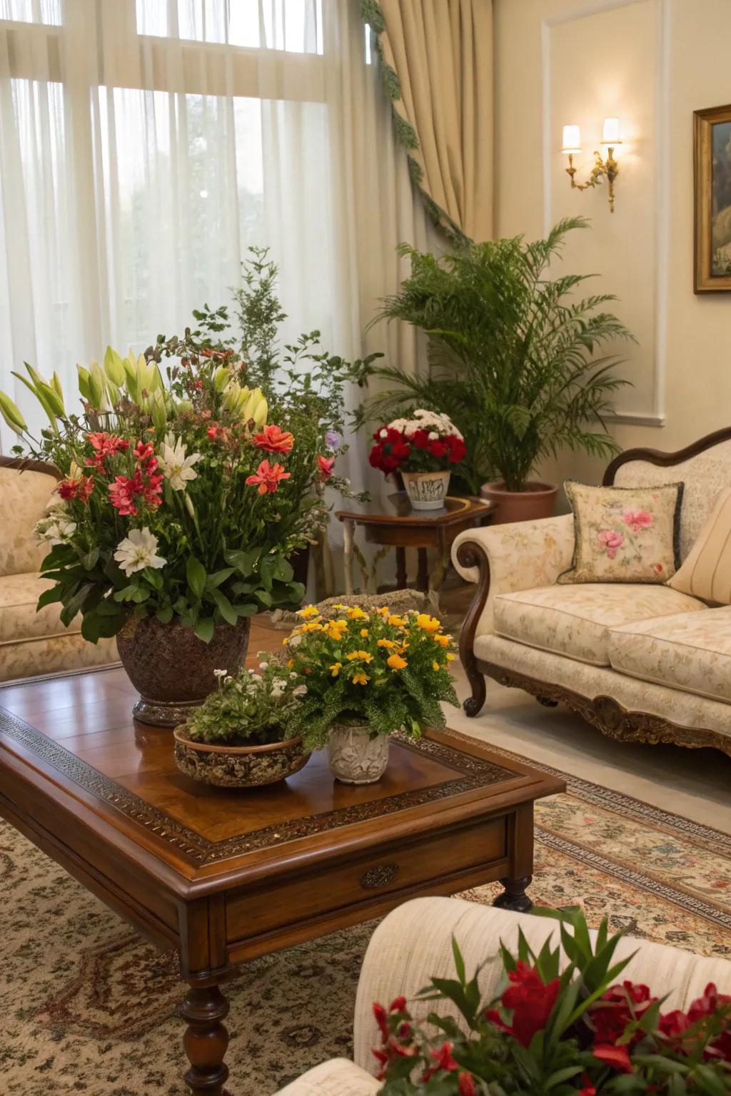 Greenery adds a fresh feel to this classic living room.