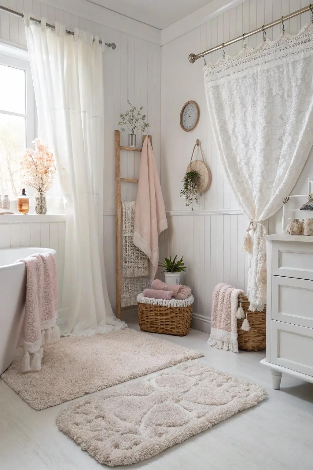 A white bathroom layered using gentle cloth for amplified warmth and comfort.