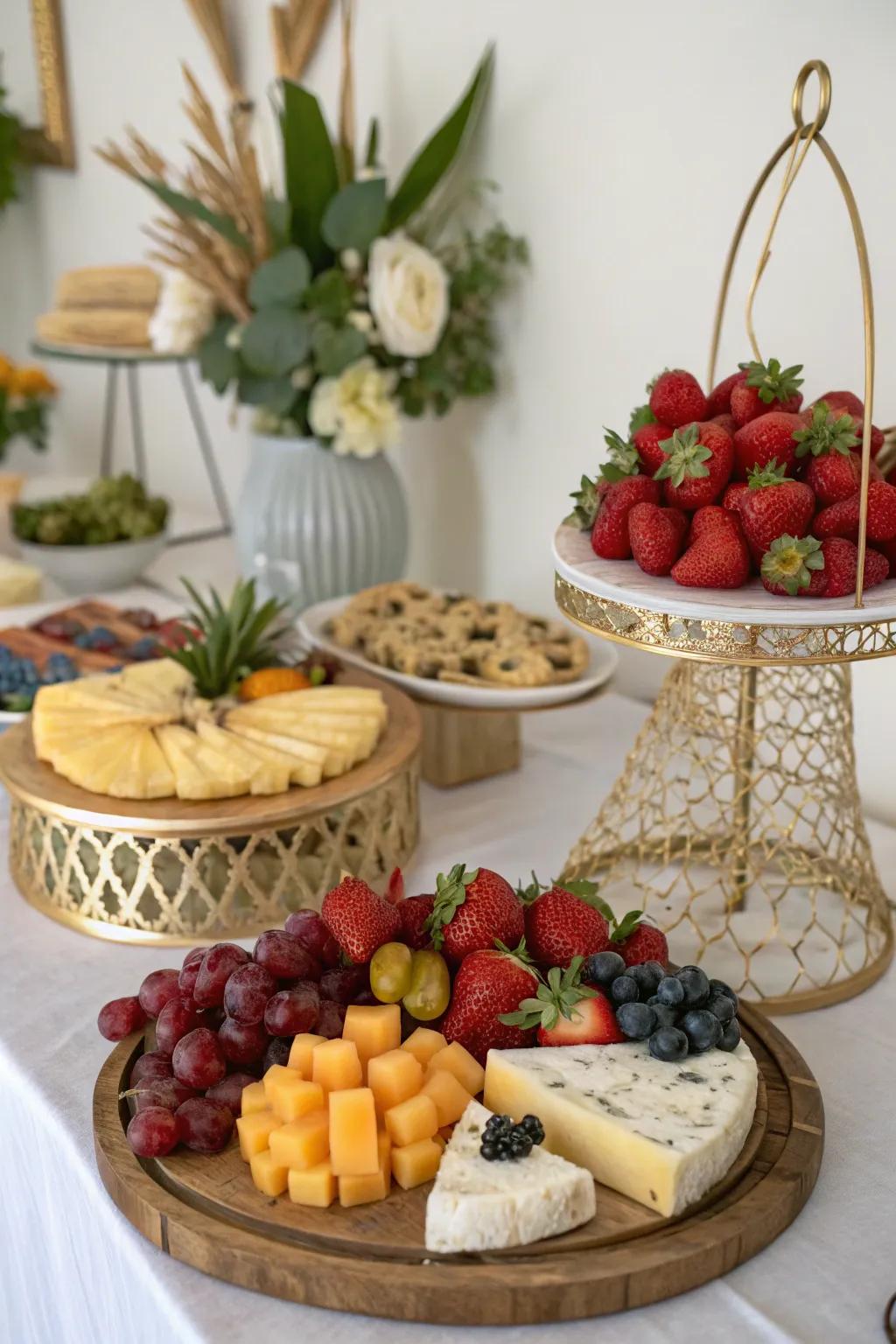 Fruit and cheese assortment on a treat table.