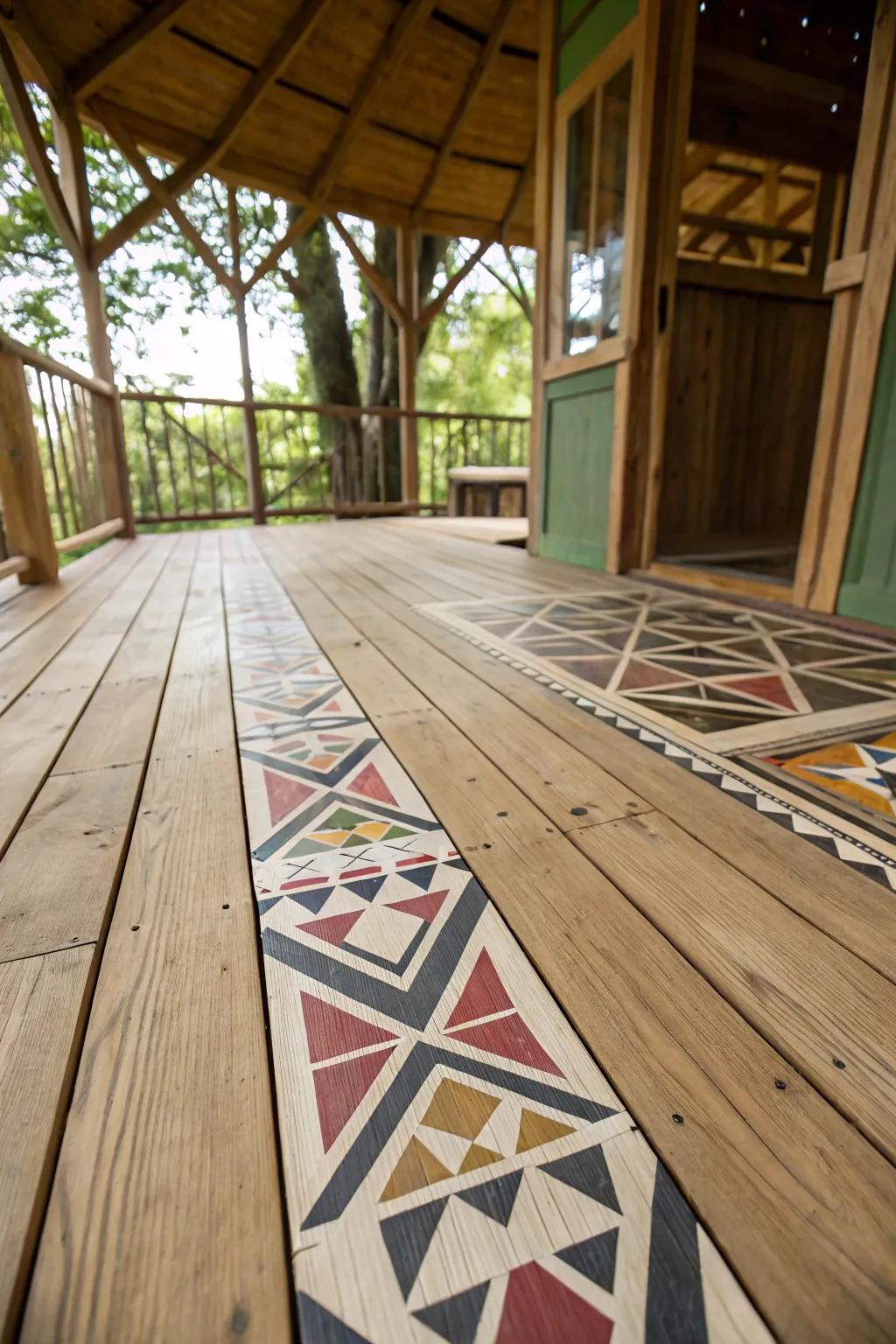 Unique flooring in a treehouse, featuring a geometric pattern painted on wooden planks.