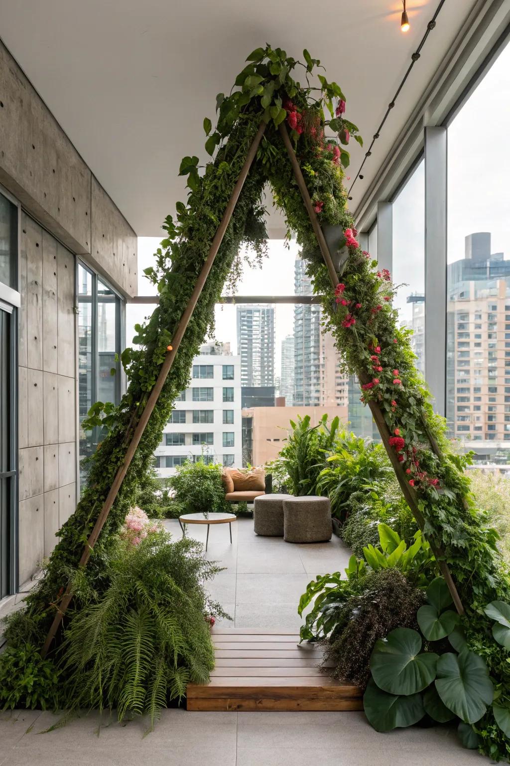 An urban rainforest triangle arch that introduces a fresh, natural vibe indoors.