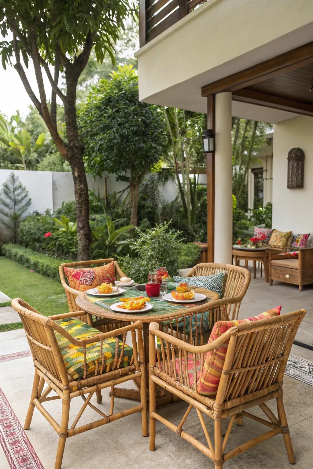 A dining area with tropical panache is ideal for outdoor meals.