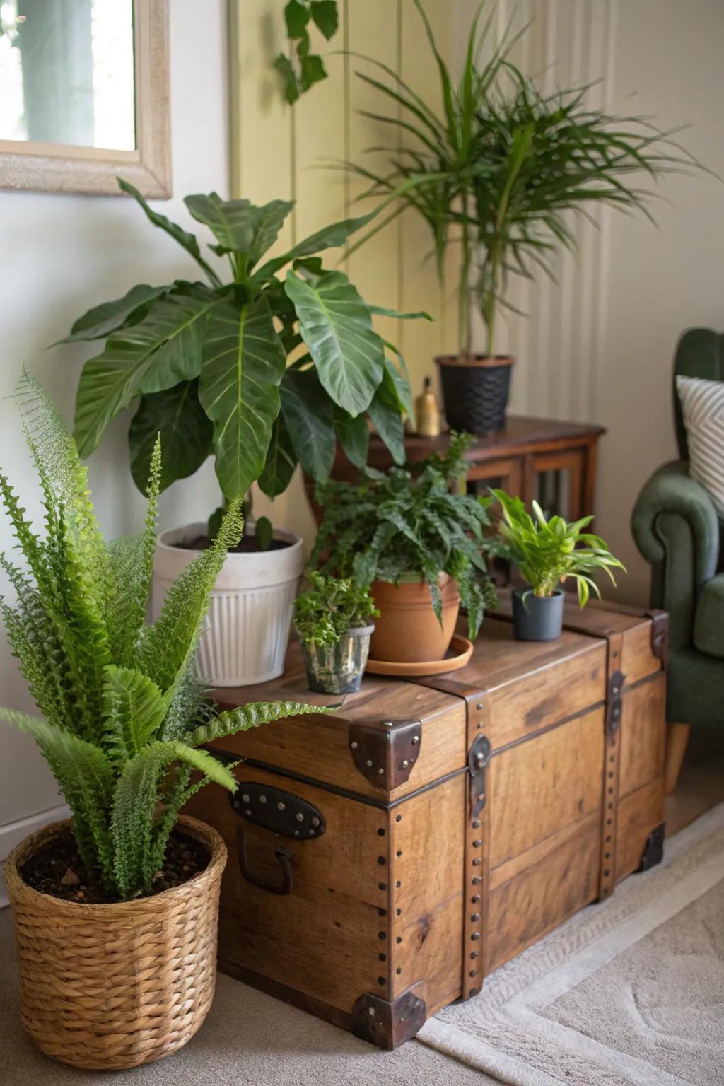 A trunk elevates plants magnificently, crafting a vibrant indoor garden.
