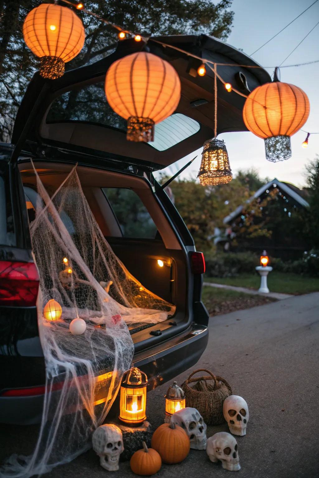 Spiderwebbed lamps contribute a haunting glow.