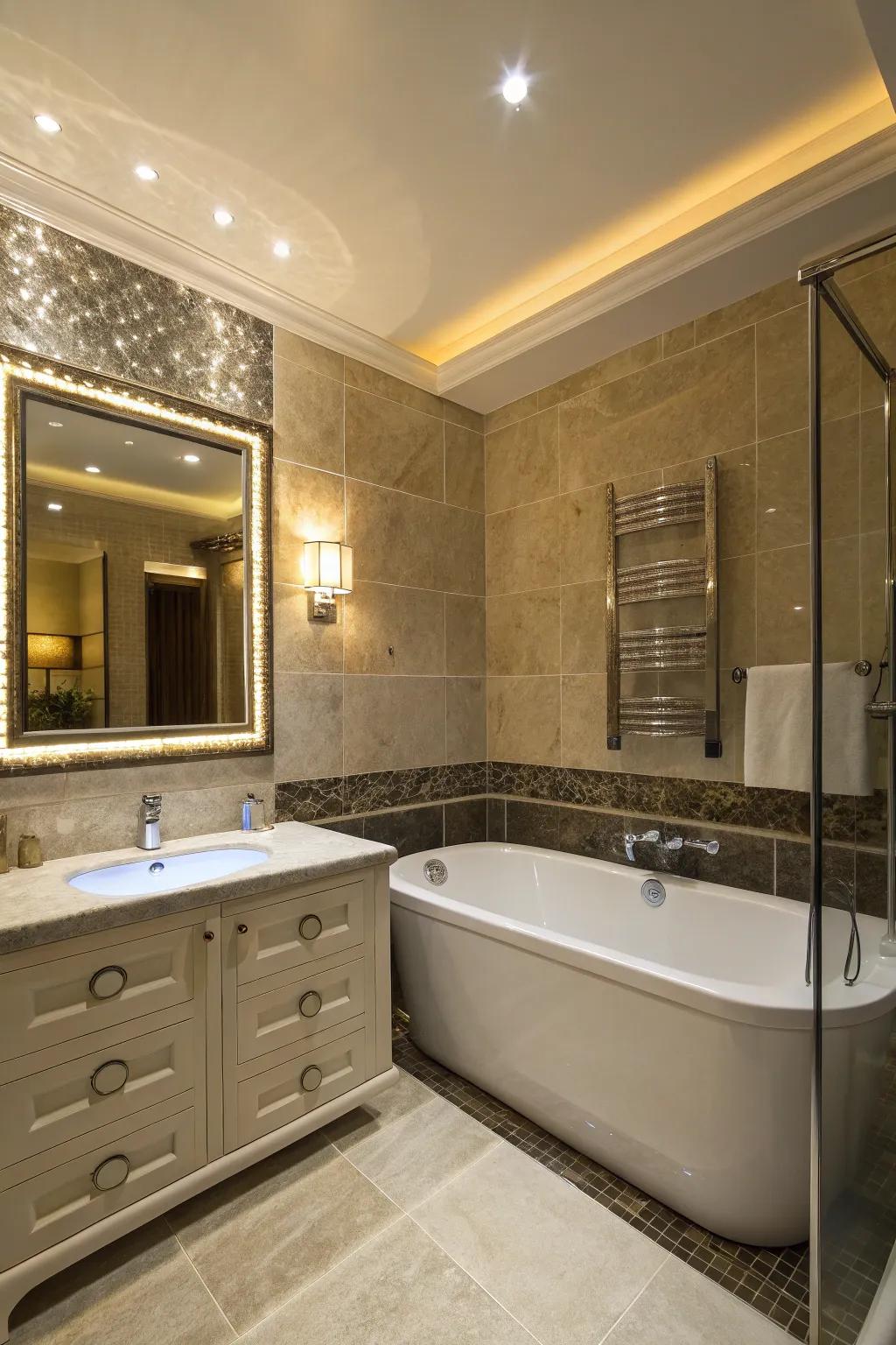 Emphasizing illumination enhances the vibe in this stylish bathroom.