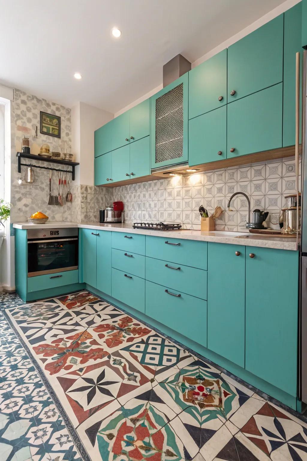 Geometric configurations infusing a contemporary edge into robin's egg blue cabinetry.