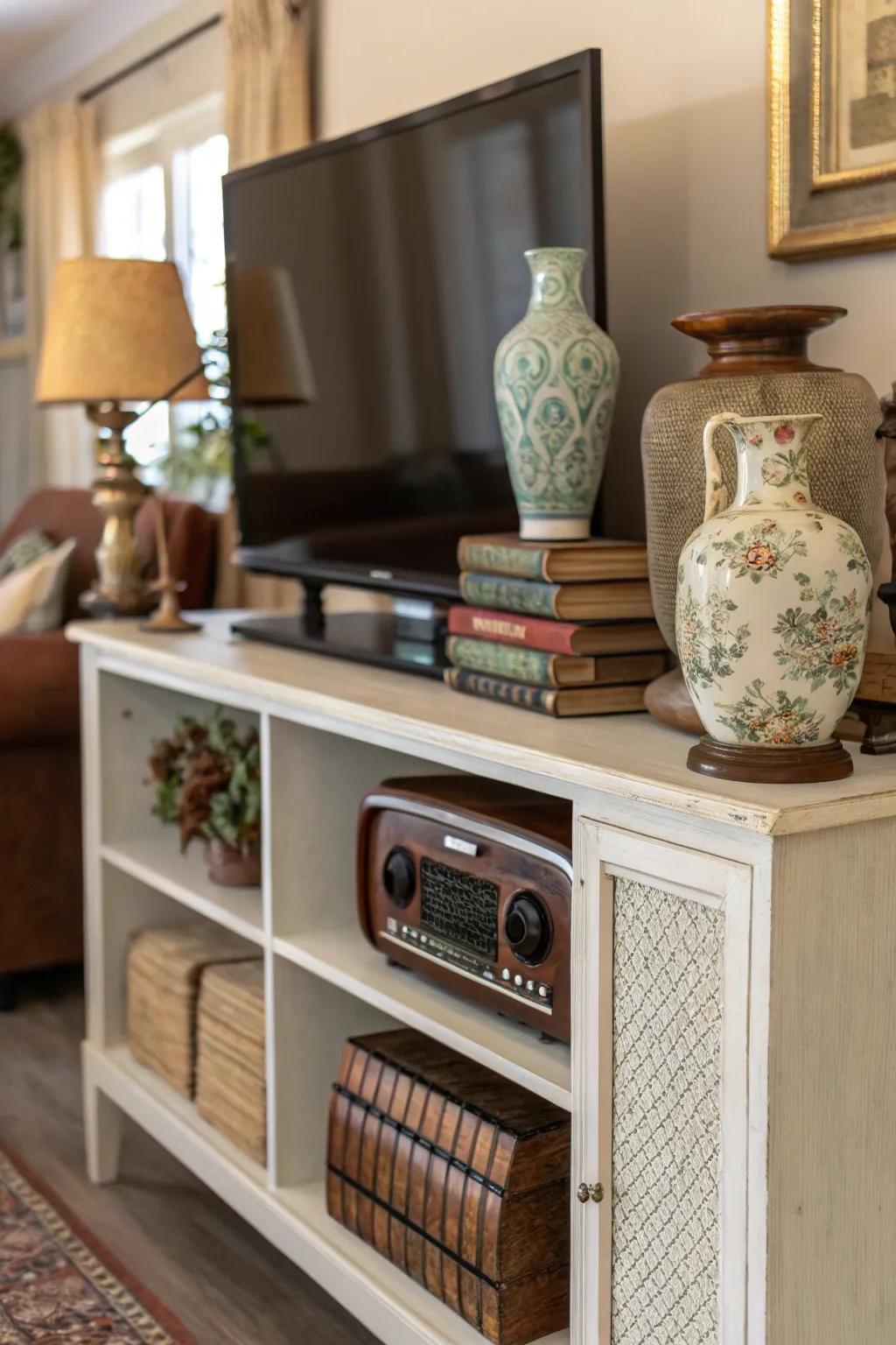 Vintage finds contributing to the charm of a TV console.