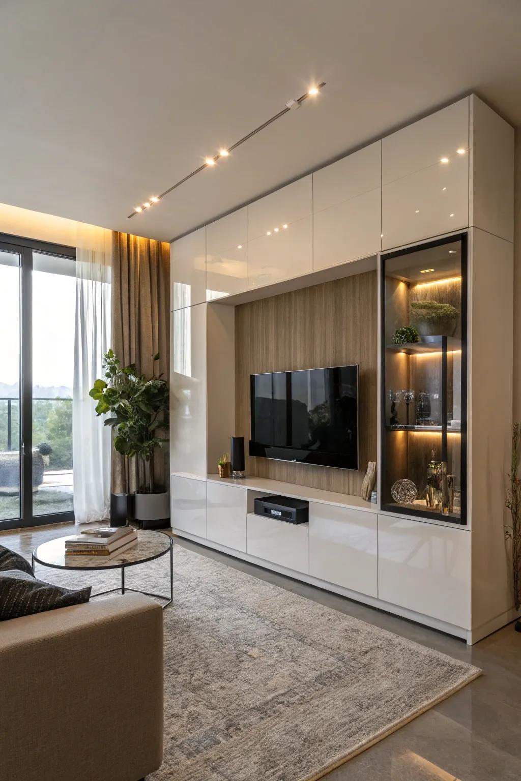 A cabinet with a viewing window enables simple TV access.