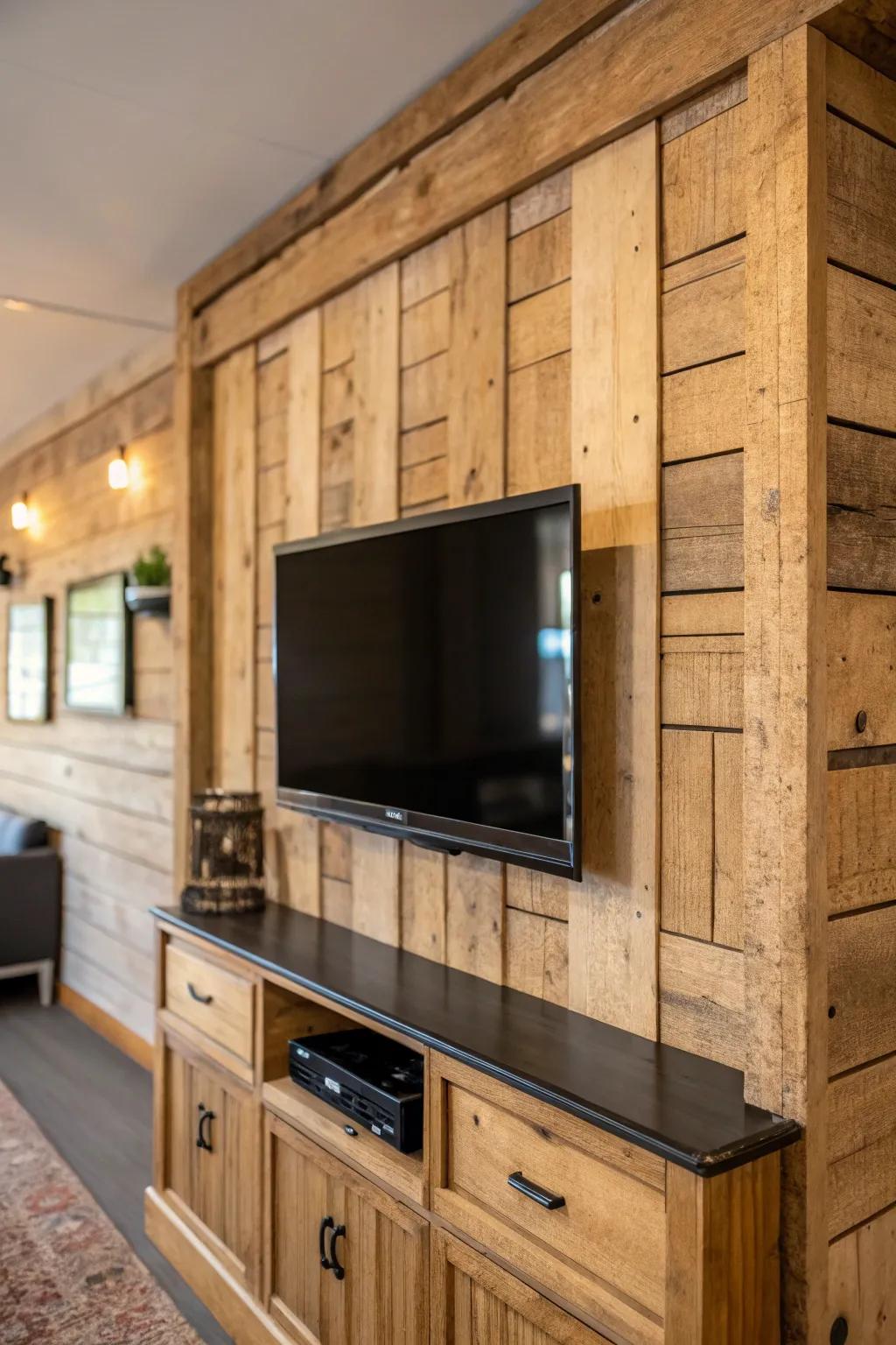 Weathered wood panels add classic appeal to this TV wall.