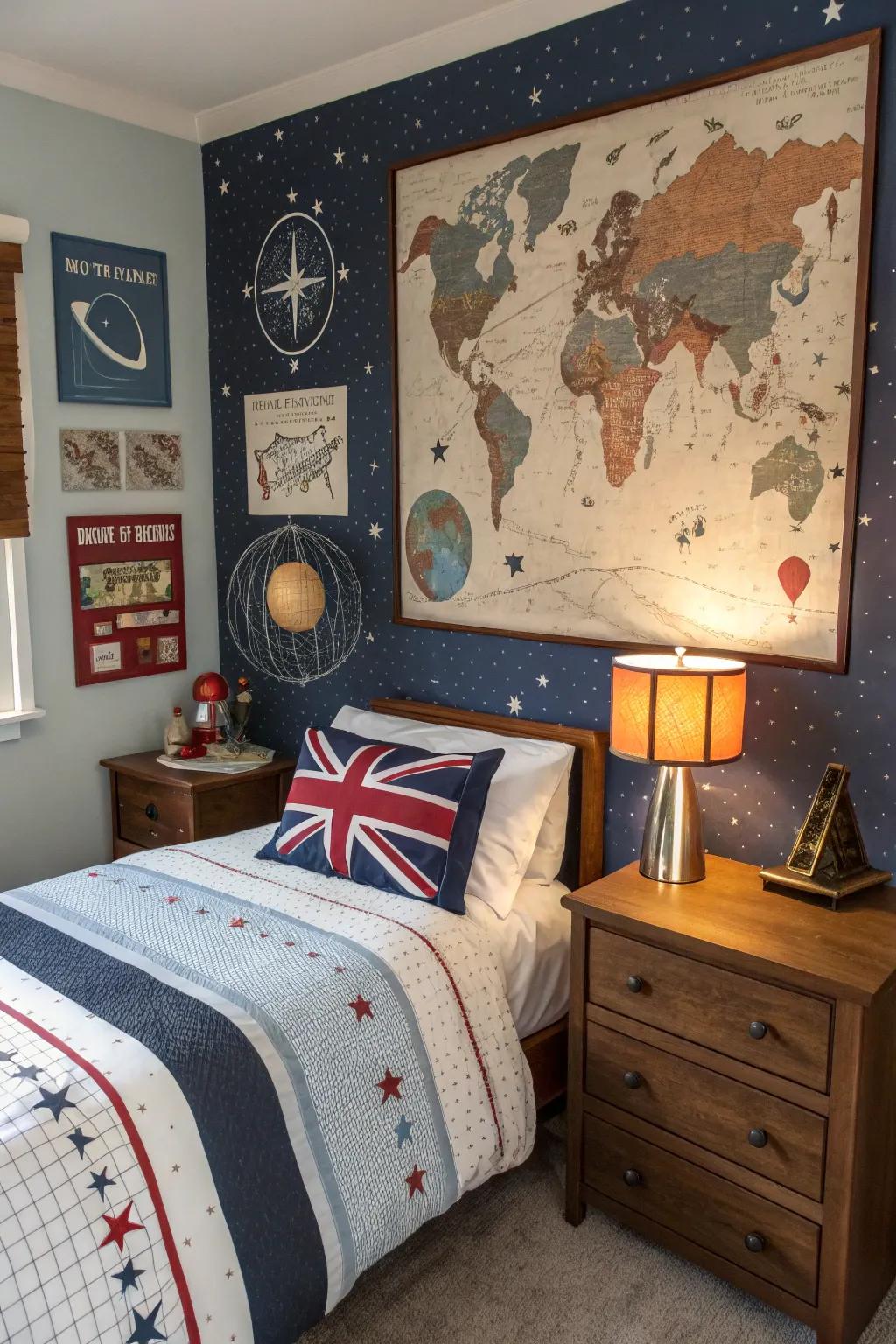 A room with themed accents that inspire a sense of adventure.