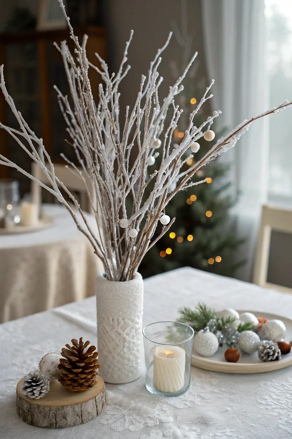 A winter wonderland with frosted twig arrangements.