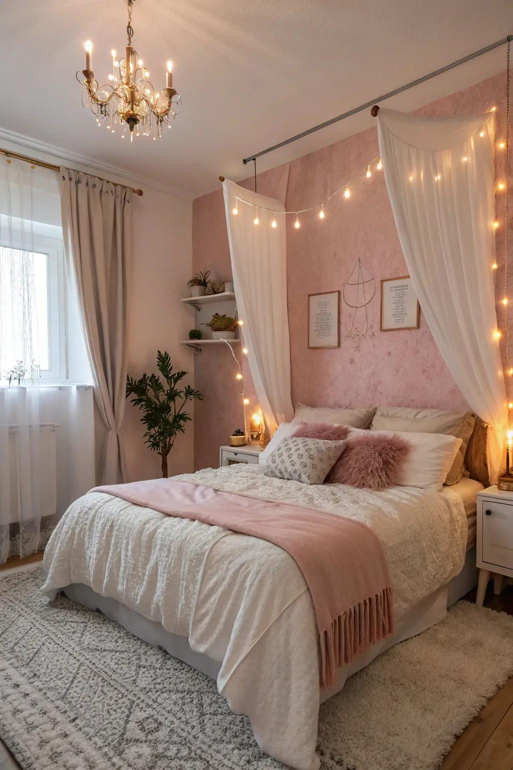 A serene bedroom styled with pale pink and white walls, exuding romance and calm.