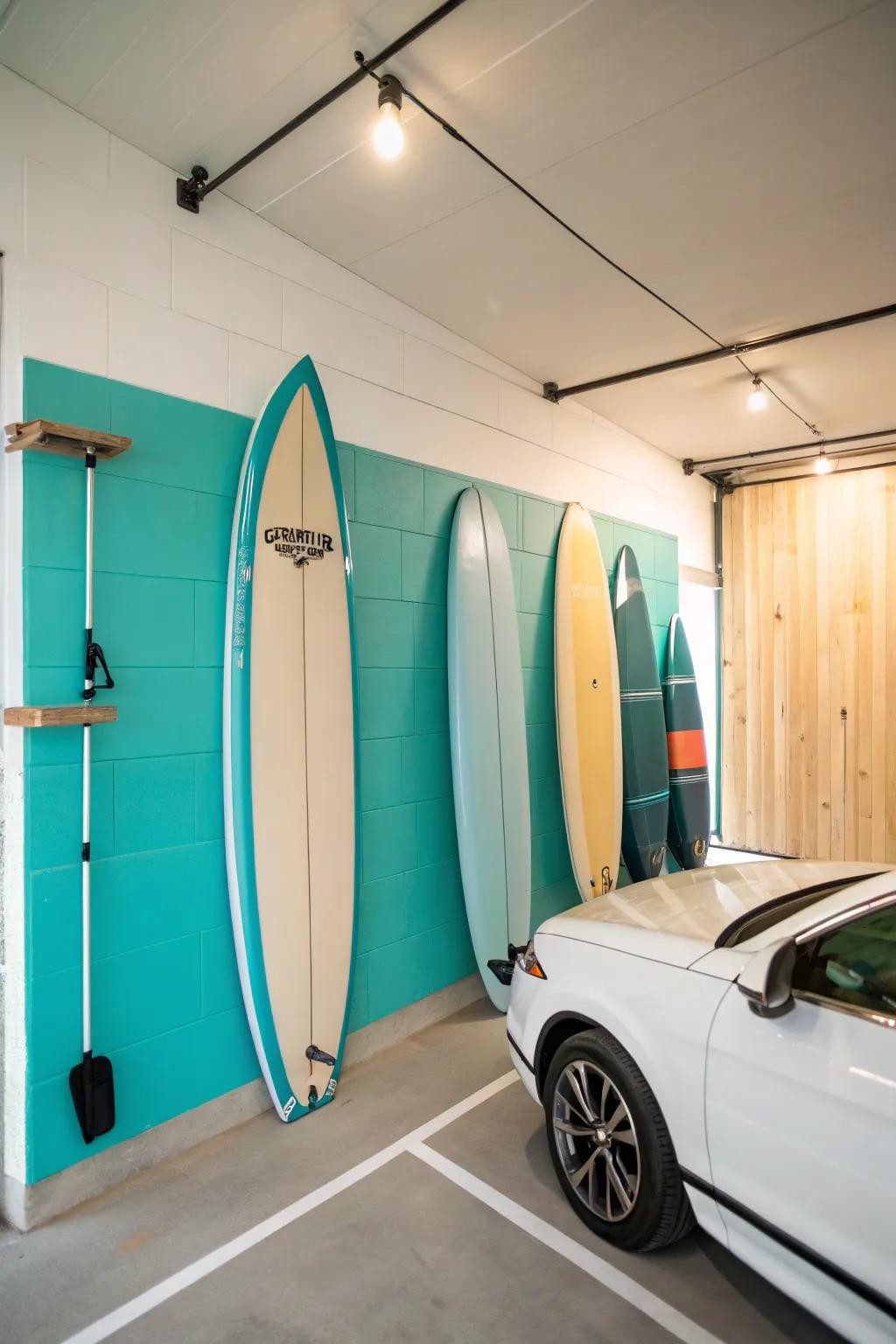 Turquoise and sand convey a coastal sensation to your garage.