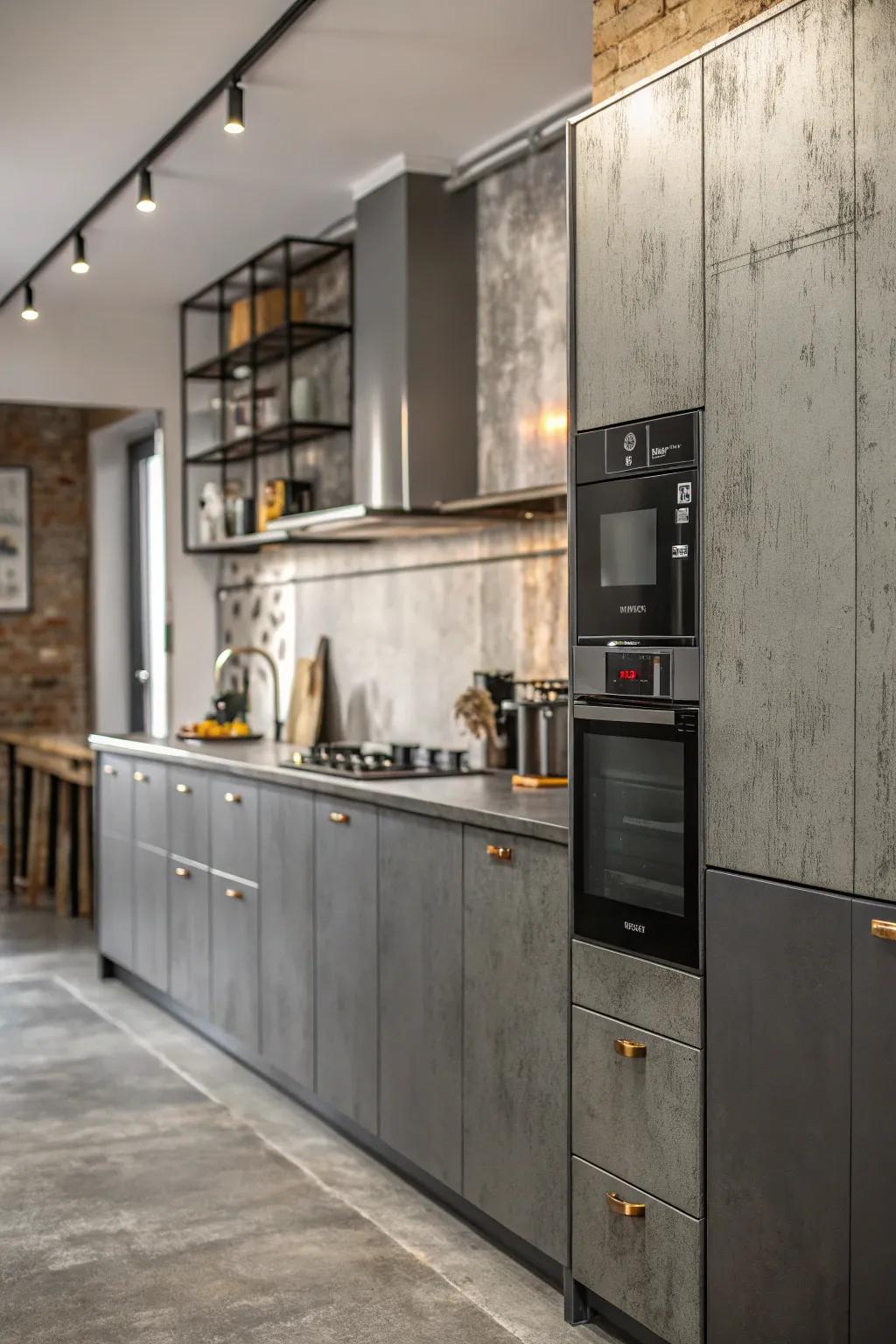 Contemporary cooking area with a mechanical accent utilizing pewter and metal walls.