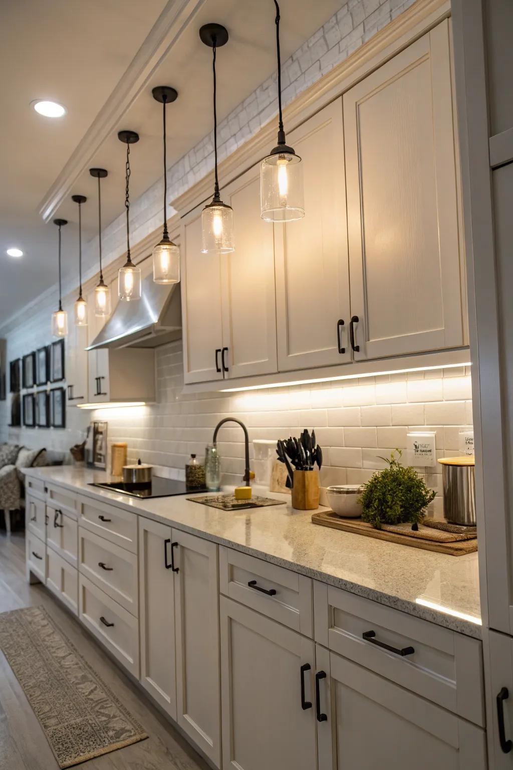 Neutral white lights present adaptable lighting solutions for any kitchen.