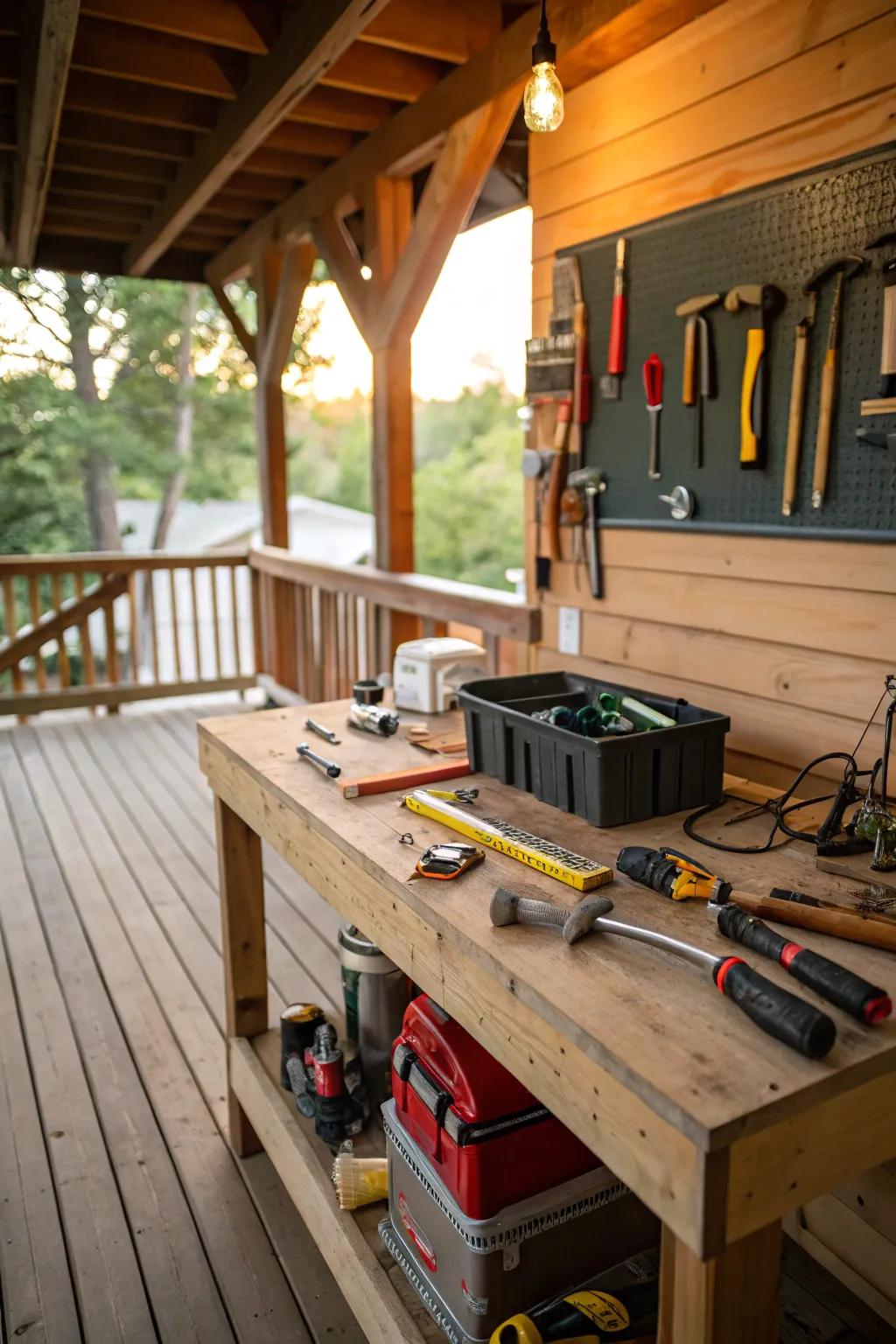 A home-style workshop beneath the deck, perfect for DIY enthusiasts.