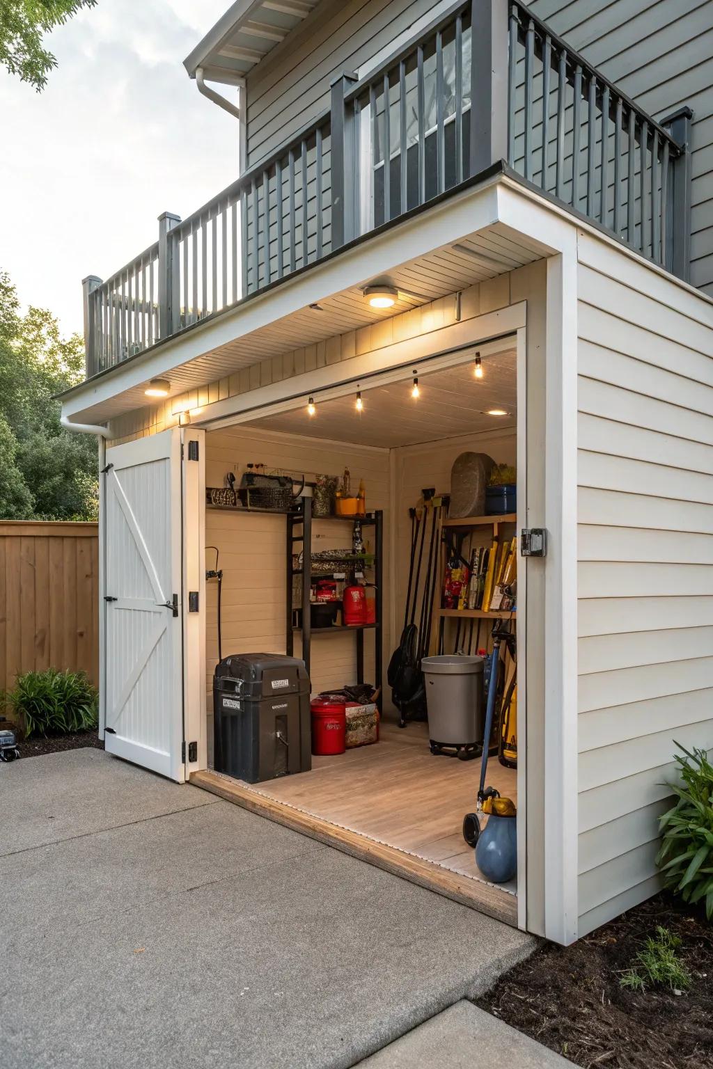 Under-deck areas benefit from custom sheds, which offer specialized storage options.