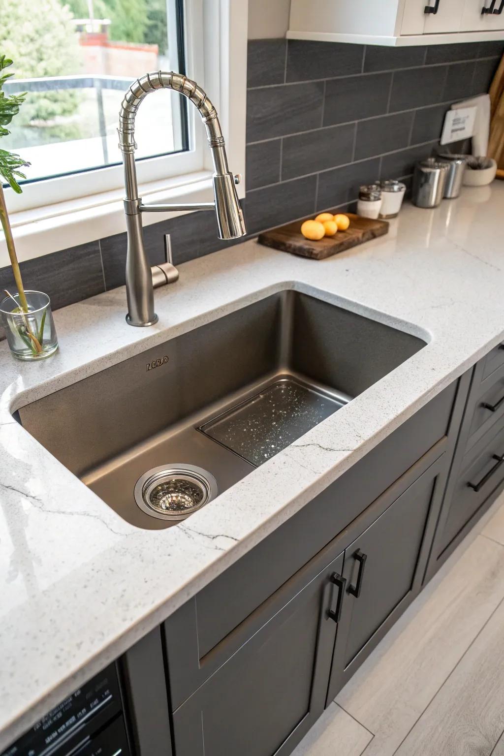 An undermount sink equipped with a rear set drain, streamlining kitchen area.