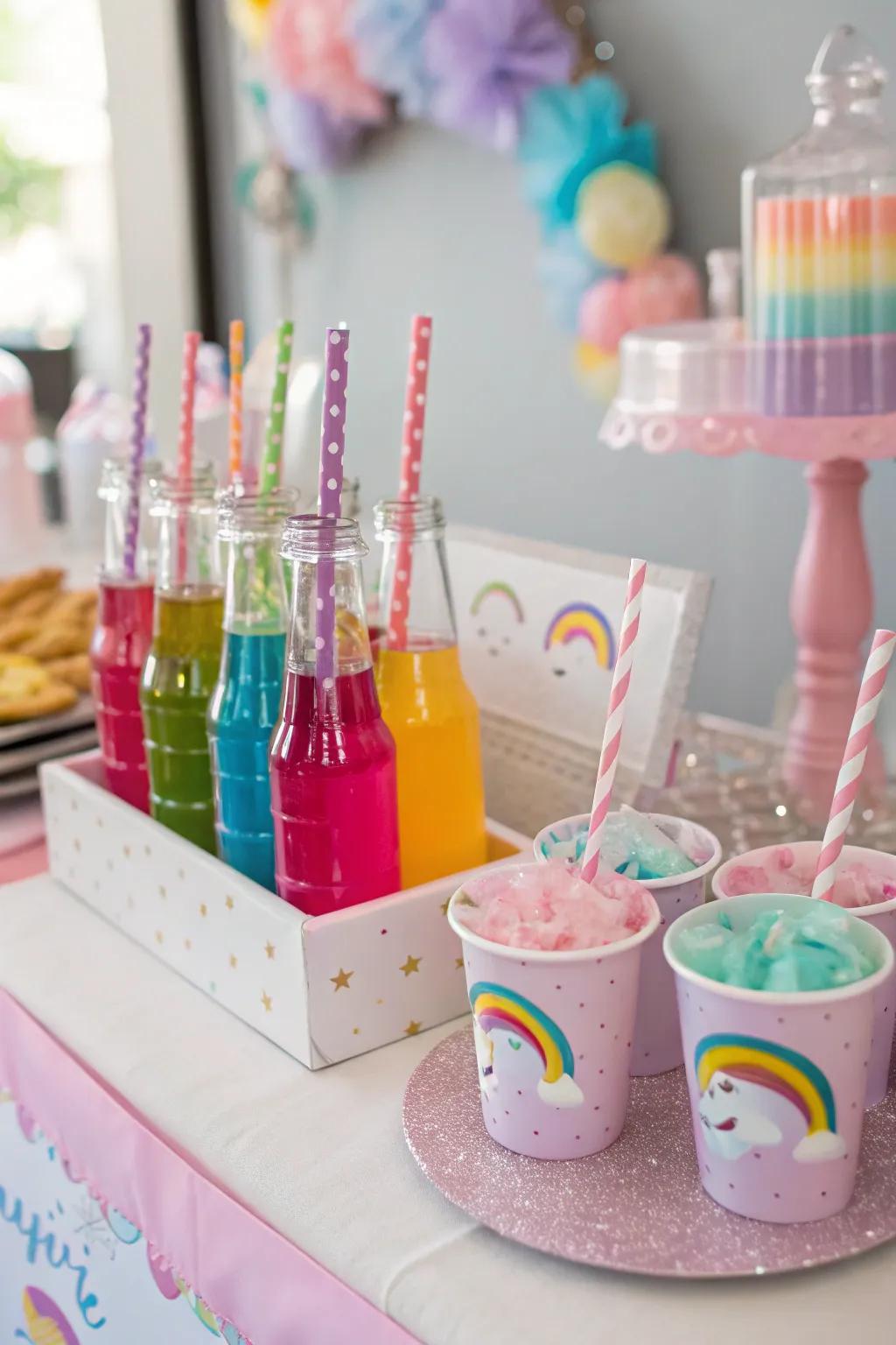 A colorful drink station with straws.