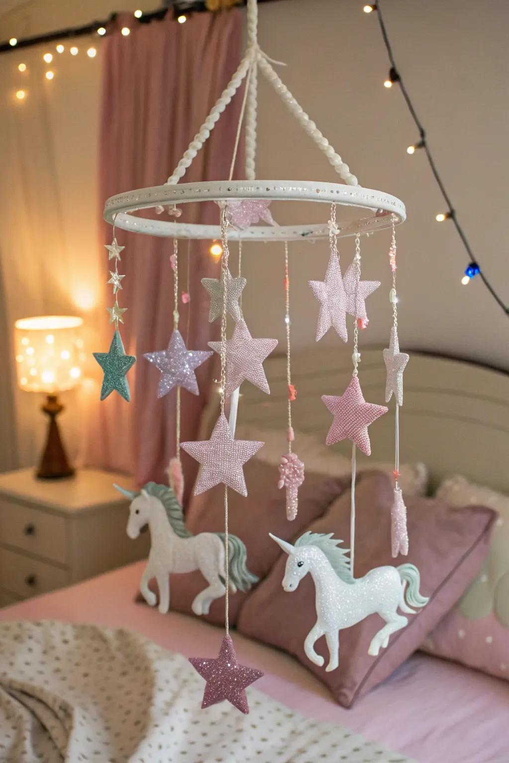 A mystical mobile adding enchantment above a bed.