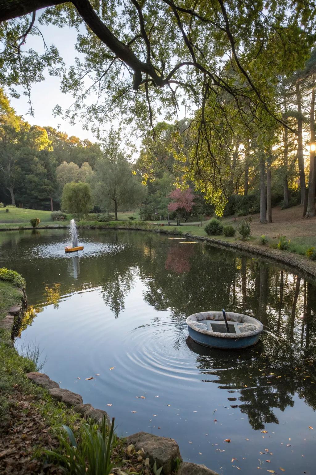 Drifting water elements add whimsy to reservoir expanses.