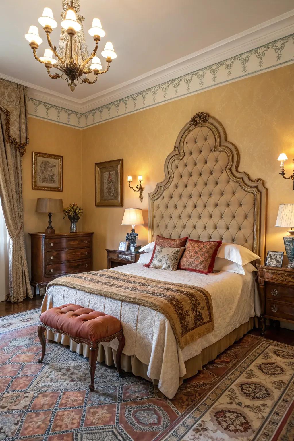 A touch of vintage elegance is added to this bedroom by the scalloped headboard.