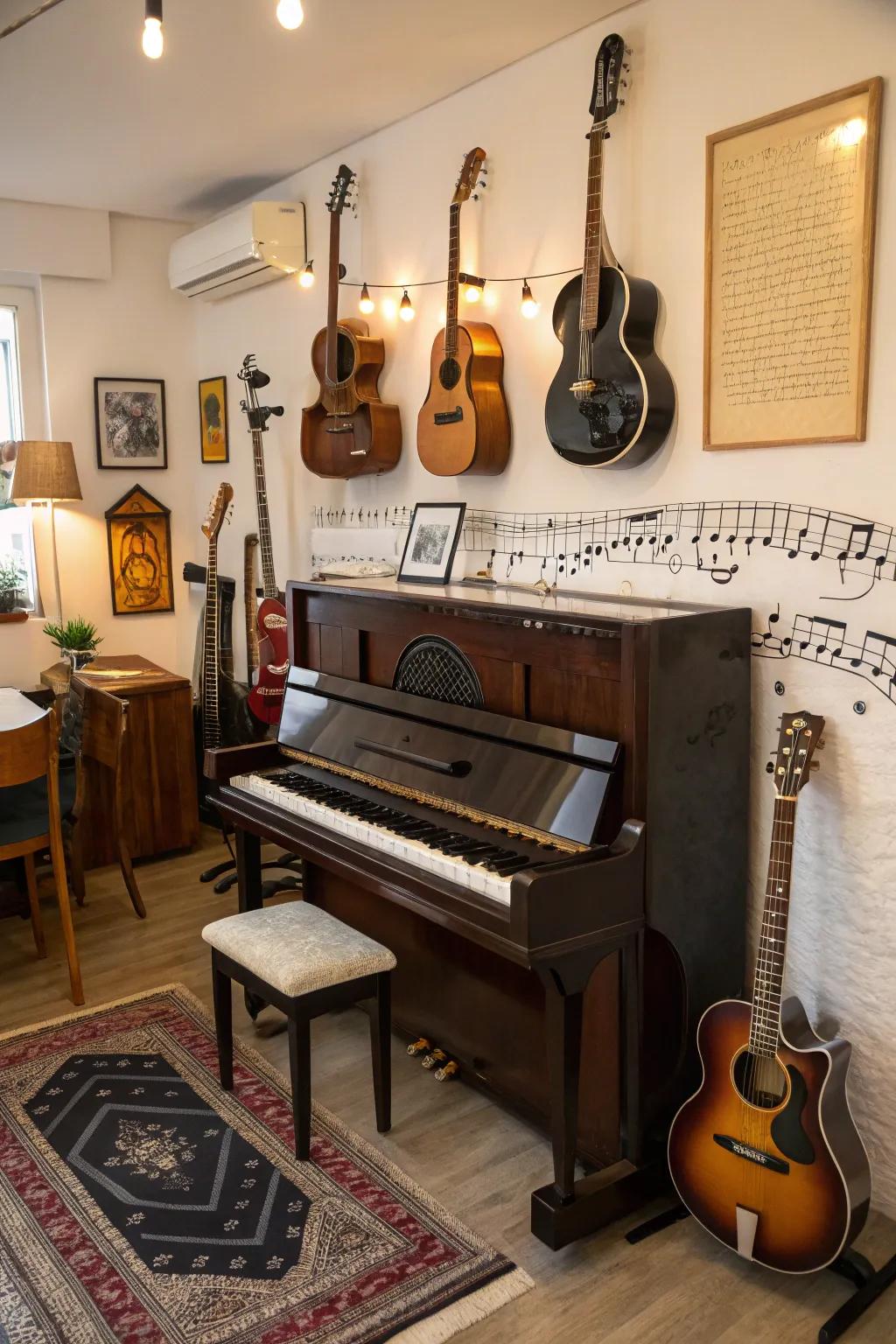 A music-themed room showcasing an upright piano, complemented by additional musical instruments.
