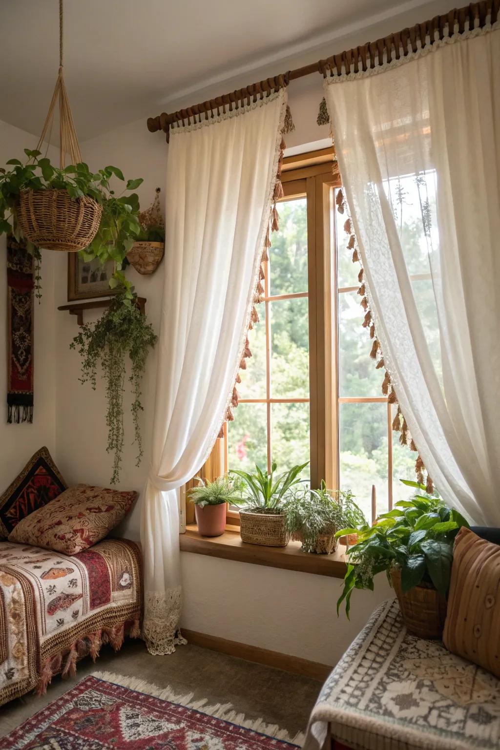 A bohemian guest room featuring a window with a tassel-trimmed valance.
