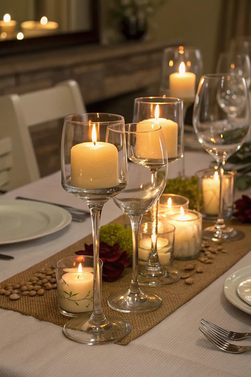 Creative height with wine glass candle holders.