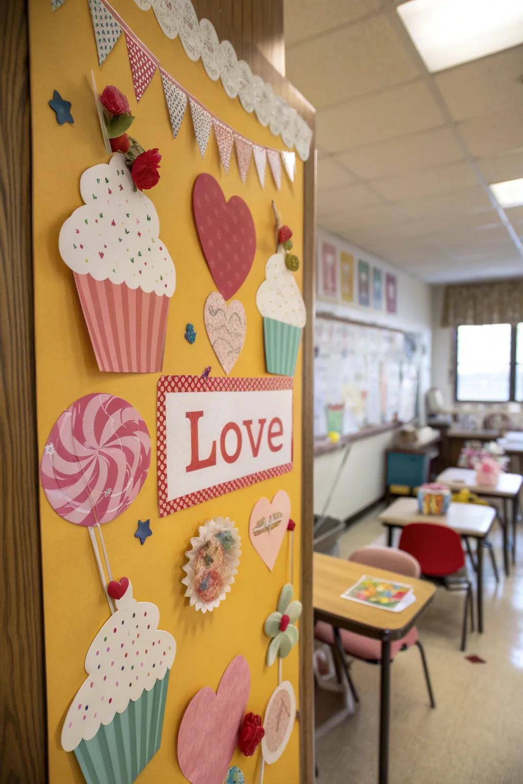 A Sweet Treats bulletin board showcasing candy-themed adornments.