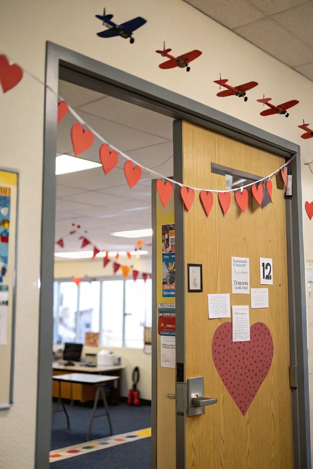 A dynamic classroom door featuring airplanes soaring heart-contoured banners.