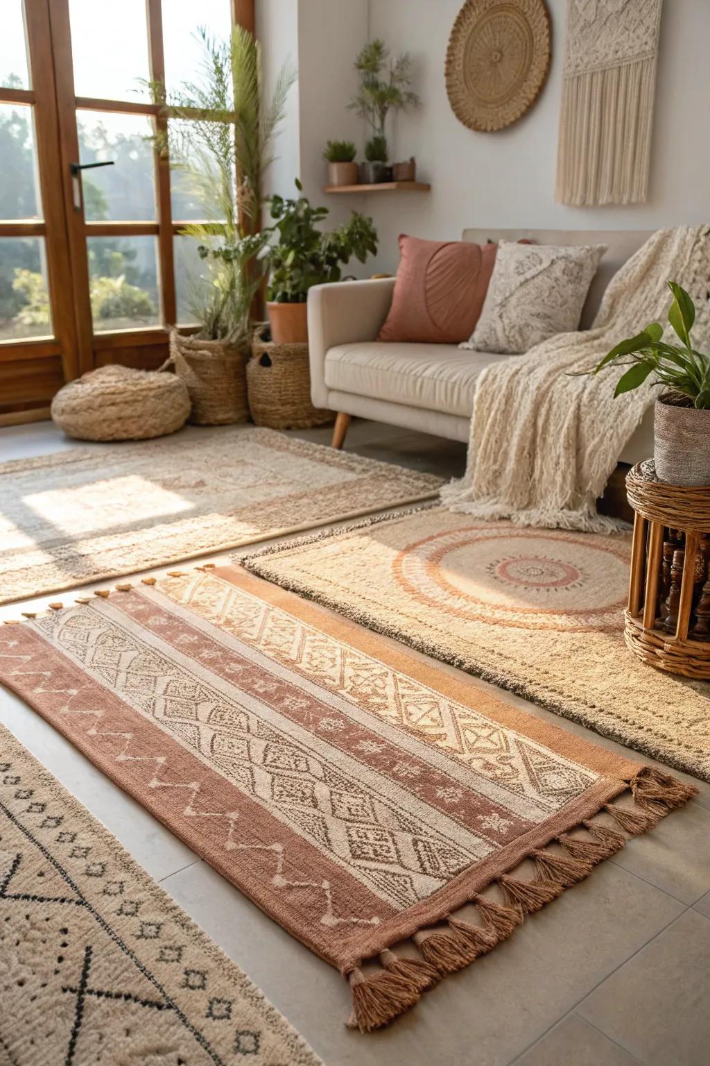 Layered floor coverings provide warmth and texture underfoot.