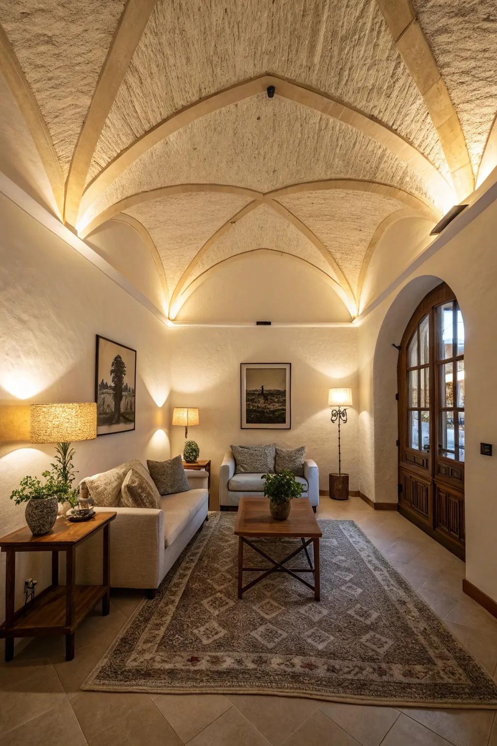 Textured coating adds depth and character to vaulted ceilings.