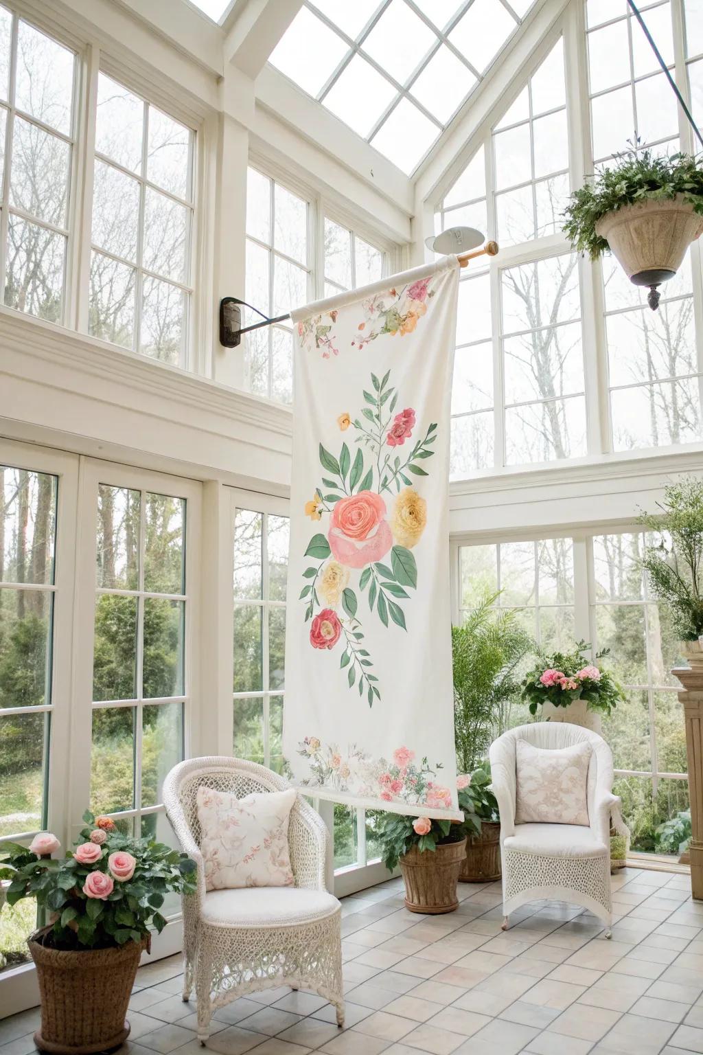 A sunroom is made more elegant with a floral design banner.